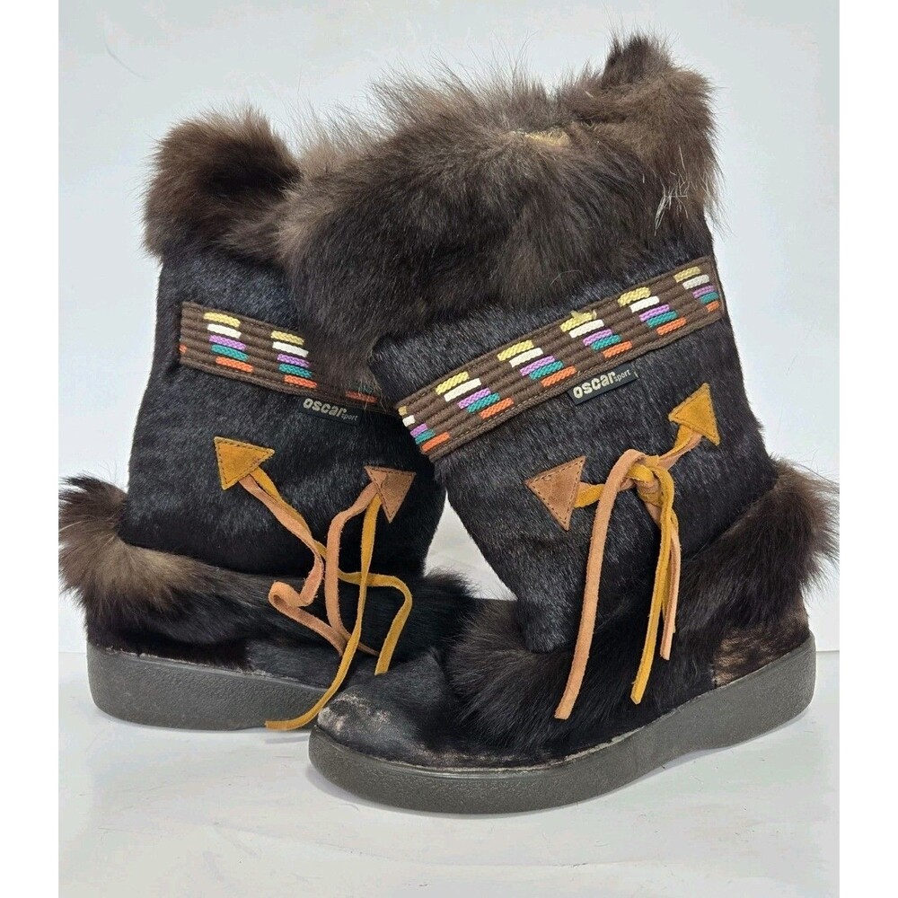 Oscar Sport Taiga Boots Size 7 Tribal Italy Fur Hide Leather Luxe